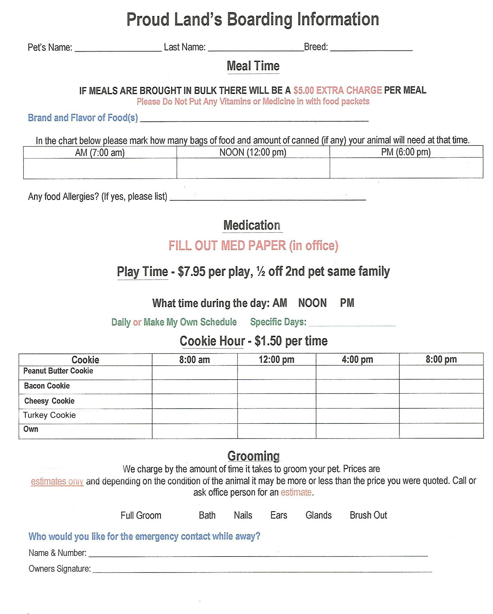 Proud Land Boarding Information Form